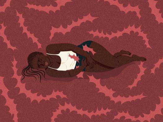 Illustration of a pregnant woman lying down on a red backdrop