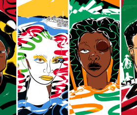 Artwork by Ngadi Smart, one of the artists featured in the Humans in Transit storytelling exhibit.