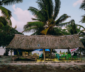 MSF bases operations on the outer island of Abaiang from an open air hut.